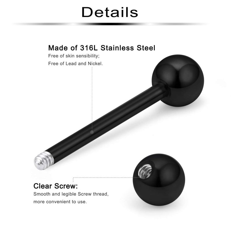 Ftovosyo Nipple Shield Barbell 12G 3 Pairs Stainless Steel Externally Threaded Tongue Ring Bar Body Piercing Jewelry 12mm 14mm 16mm Black - Image 5